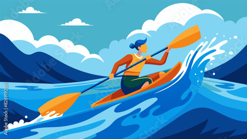 Push your limits as you virtually row through a fastpaced and challenging river the waters splashing against your virtual rowing oars.. Vector illustration