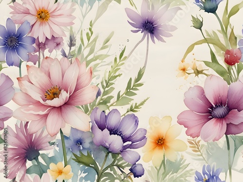 Watercolor Spring Flower Background Border Art