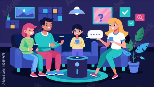 A family room is transformed into a game zone as a family competes in a fastpaced trivia game using their smart speakers to buzz in with answers.. Vector illustration