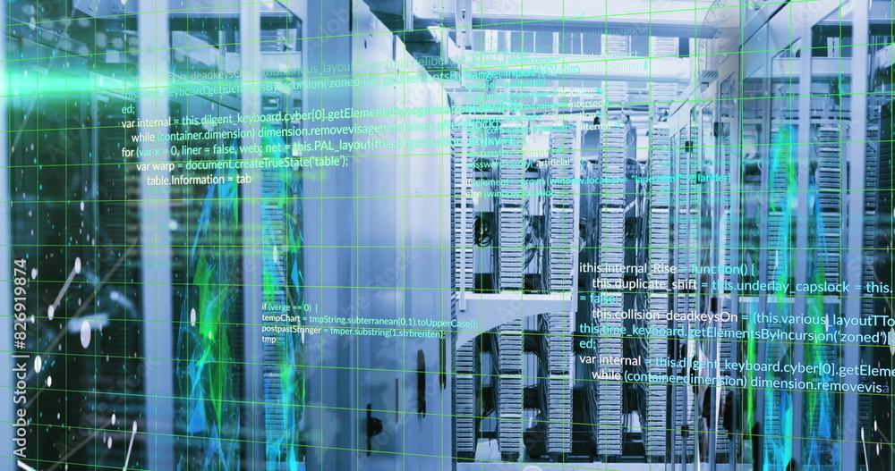 Fototapeta premium Image of computer language over connected dots and globe over data server systems