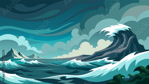 A stormy seascape with crashing waves and tumultuous skies conveying a sense of turmoil and inner conflict.. Vector illustration