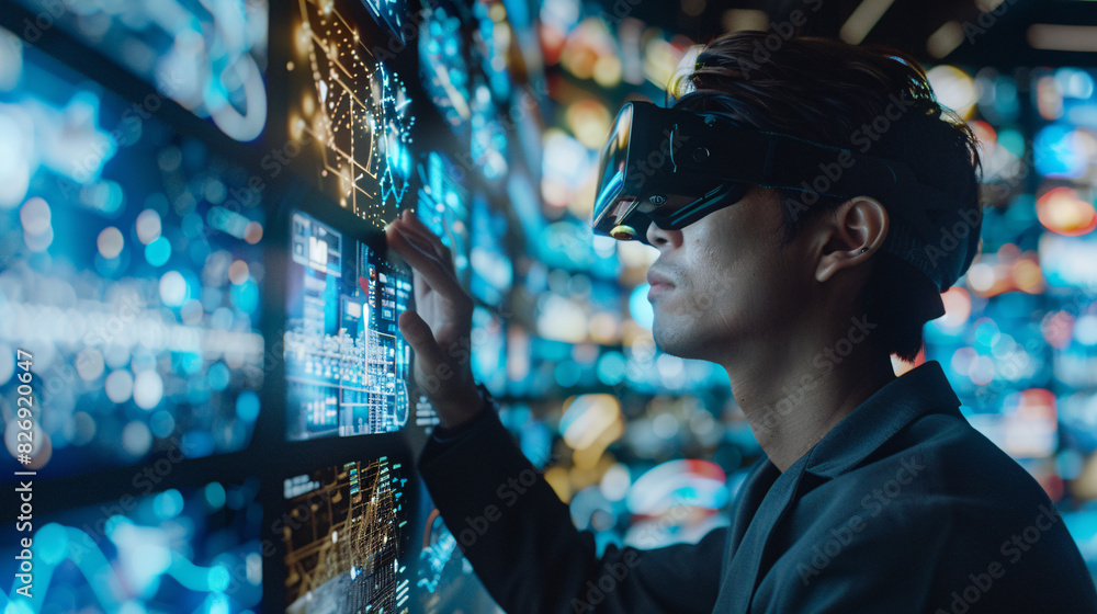 A businessman surrounded by augmented reality displays, exemplifying digital transformation in the workplace, with ample copy space. A businessman surrounded by augmented reality displays, exemplifying digital transformation in the workplace, with ample copy space.