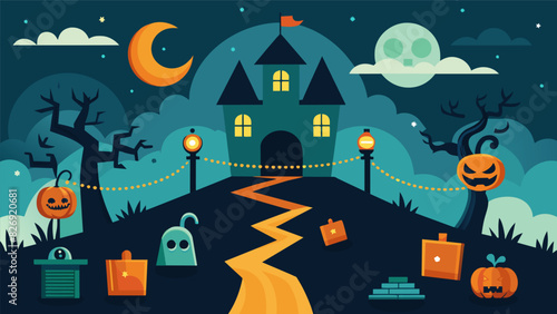 The haunted house course was filled with jump scares and haunted obstacles challenging competitors to stay focused while being spooked.. Vector illustration