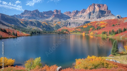 Stunning Autumn Landscape of a Tranquil Lake Surrounded by Vibrant Fall Foliage and Majestic Rocky Mountains in the Background