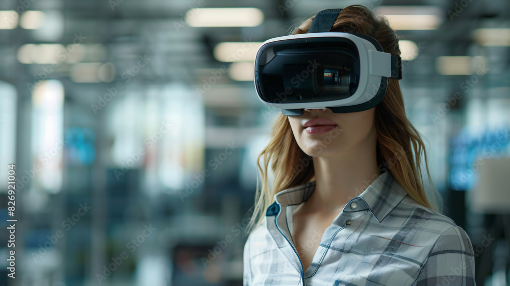A businesswoman using a virtual reality headset in a high-tech office, representing digital transformation and the next technology era, with space for text. A businesswoman using a virtual reality headset in a high-tech office, representing digital transformation and the next technology era, with space for text.