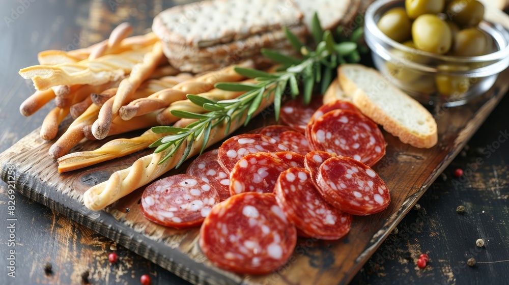 Close-up of a wooden board with salami slices, olives, and grissini breadsticks, vibrant and detailed Italian antipasto arrangement