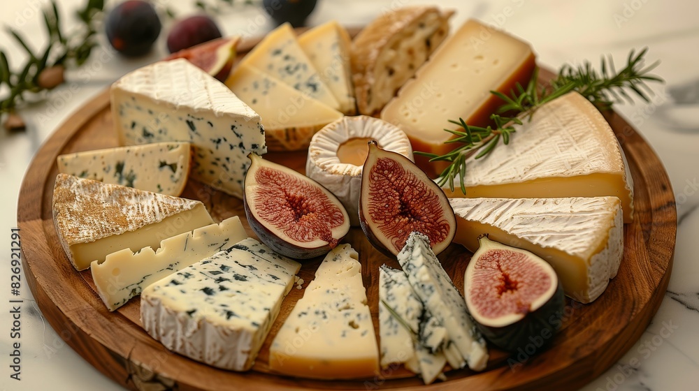 Close-up of a sophisticated cheese plate with parmesan, pecorino, gorgonzola, figs, and honey, luxurious spread Close-up of a sophisticated cheese plate with parmesan, pecorino, gorgonzola, figs, and honey, luxurious spread