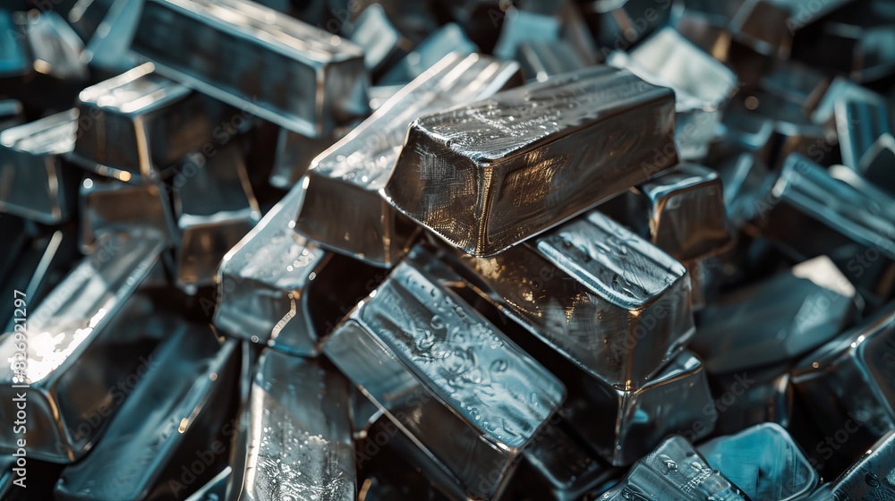 Close-up of a towering pile of polished silver bars, each reflecting light, showcasing intricate craftsmanship and wealth
