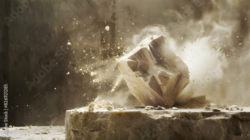 A close-up of a sculptor's chisel suspended mid-air, seemingly driven by an invisible force. Sparks fly as it carves a massive block of stone into a majestic statue, the final form hinted at in the photo