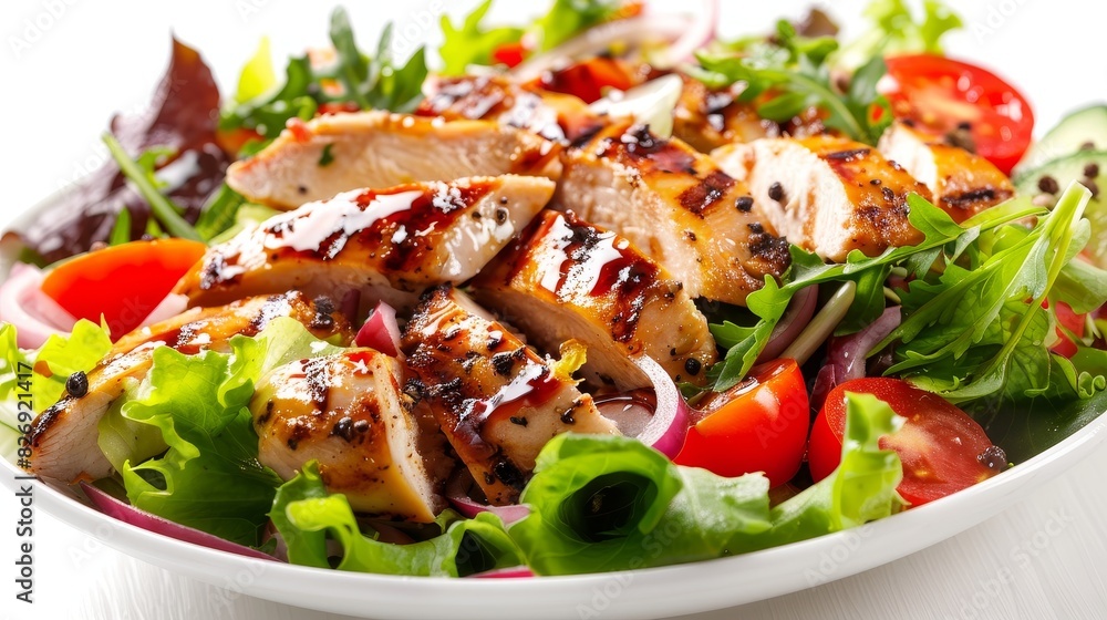 Close-up of a gourmet vegetable salad featuring grilled chicken, crisp vegetables, isolated background, professional studio lighting Close-up of a gourmet vegetable salad featuring grilled chicken, crisp vegetables, isolated background, professional studio lighting