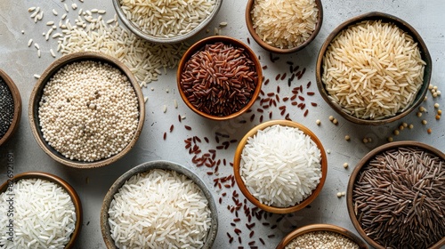 Assortment of raw rice varieties in dishes on a neutral surface Overhead shot with room for text flat lay composition