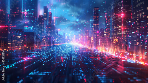 A holographic projection of a digital city, showcasing next-generation technology and urban digital transformation, with space for text.