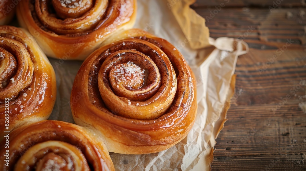 Fototapeta premium Cinnamon buns arranged in a circular pattern on parchment paper, isolated background, highlighting texture, studio lighting