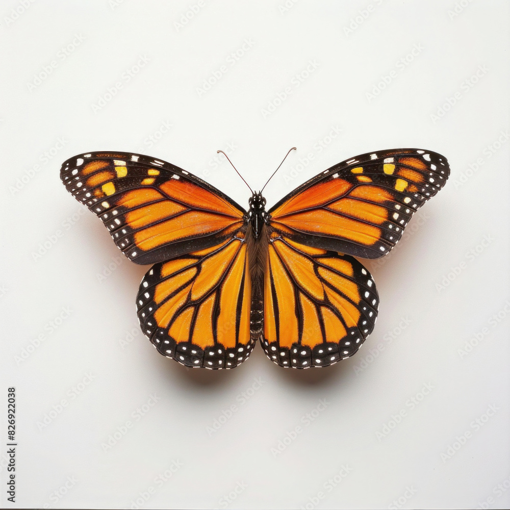 A vibrant monarch butterfly with orange and black wings isolated on a white background A vibrant monarch butterfly with orange and black wings isolated on a white background
