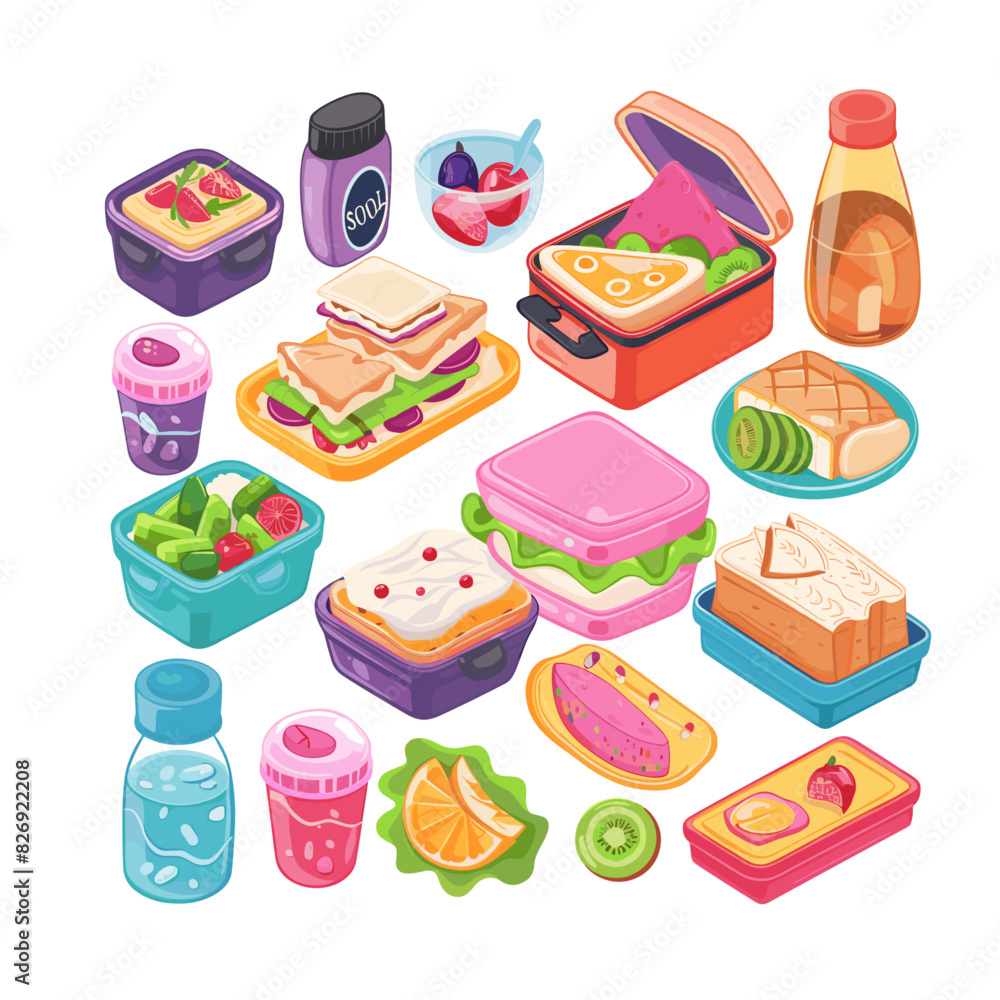 A set of lunchboxes filled with colorful food and drinks A set of lunchboxes filled with colorful food and drinks