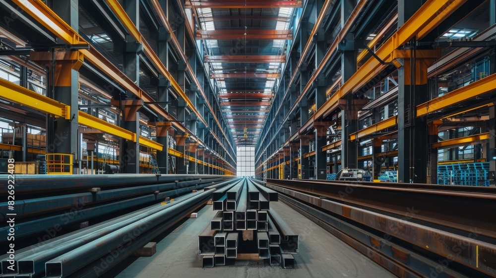 Artistic view of a towering steel bar arrangement in a warehouse, beams forming a harmonious and strong display Artistic view of a towering steel bar arrangement in a warehouse, beams forming a harmonious and strong display