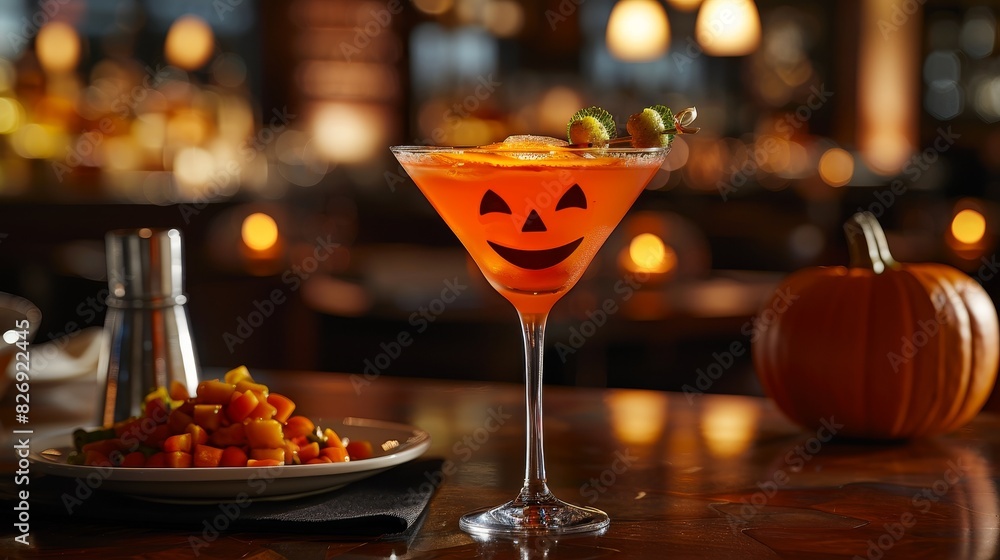 Artistic shot of a jack o'lantern face on a chilled cocktail, with a festive meal backdrop, bold advertising imagery Artistic shot of a jack o'lantern face on a chilled cocktail, with a festive meal backdrop, bold advertising imagery