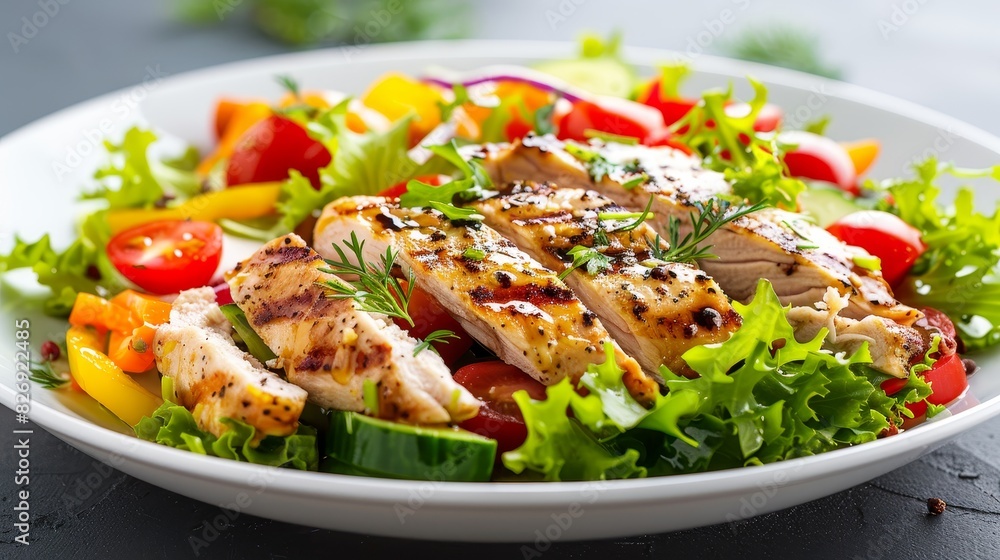Artistic presentation of vegetable salad with grilled chicken, isolated background, studio lighting, vibrant and appetizing Artistic presentation of vegetable salad with grilled chicken, isolated background, studio lighting, vibrant and appetizing