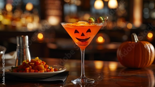 Artistic shot of a jack o'lantern face on a chilled cocktail, with a festive meal backdrop, bold advertising imagery © Paul