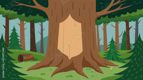 A wood carving depicting a forest scene with hidden phrases from poems etched into the bark of trees inviting the viewer to seek out the hidden. Vector illustration