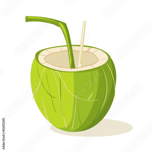 A green coconut with a straw for drinking the coconut water inside