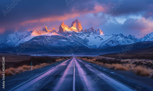 Compose a dynamic photograph of a road that runs directly towards the formidable Andes mountains, generate AI photo