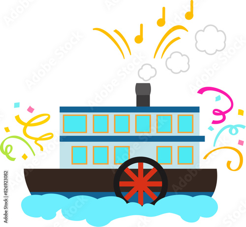 汽笛を鳴らす観光船と紙テープ