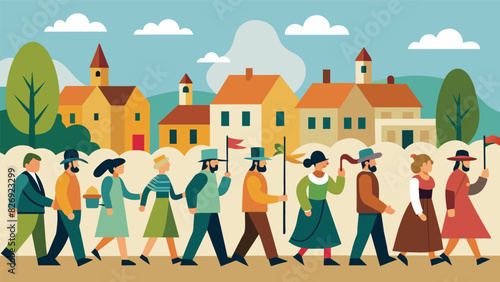 In celebration of the towns anniversary a group of residents organizes a parade featuring historical reenactments showcasing how the community has. Vector illustration