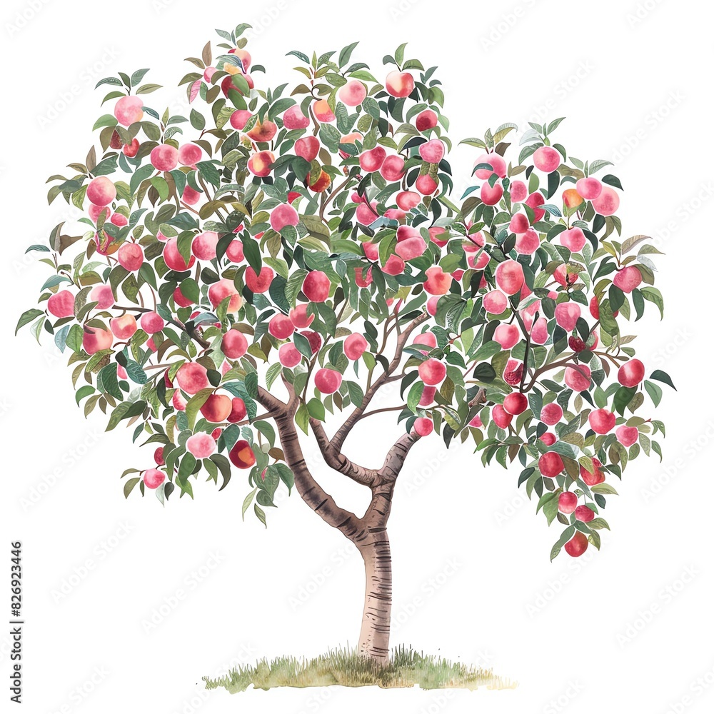 Fototapeta premium A watercolor painting of a peach tree with ripe peaches hanging from its branches