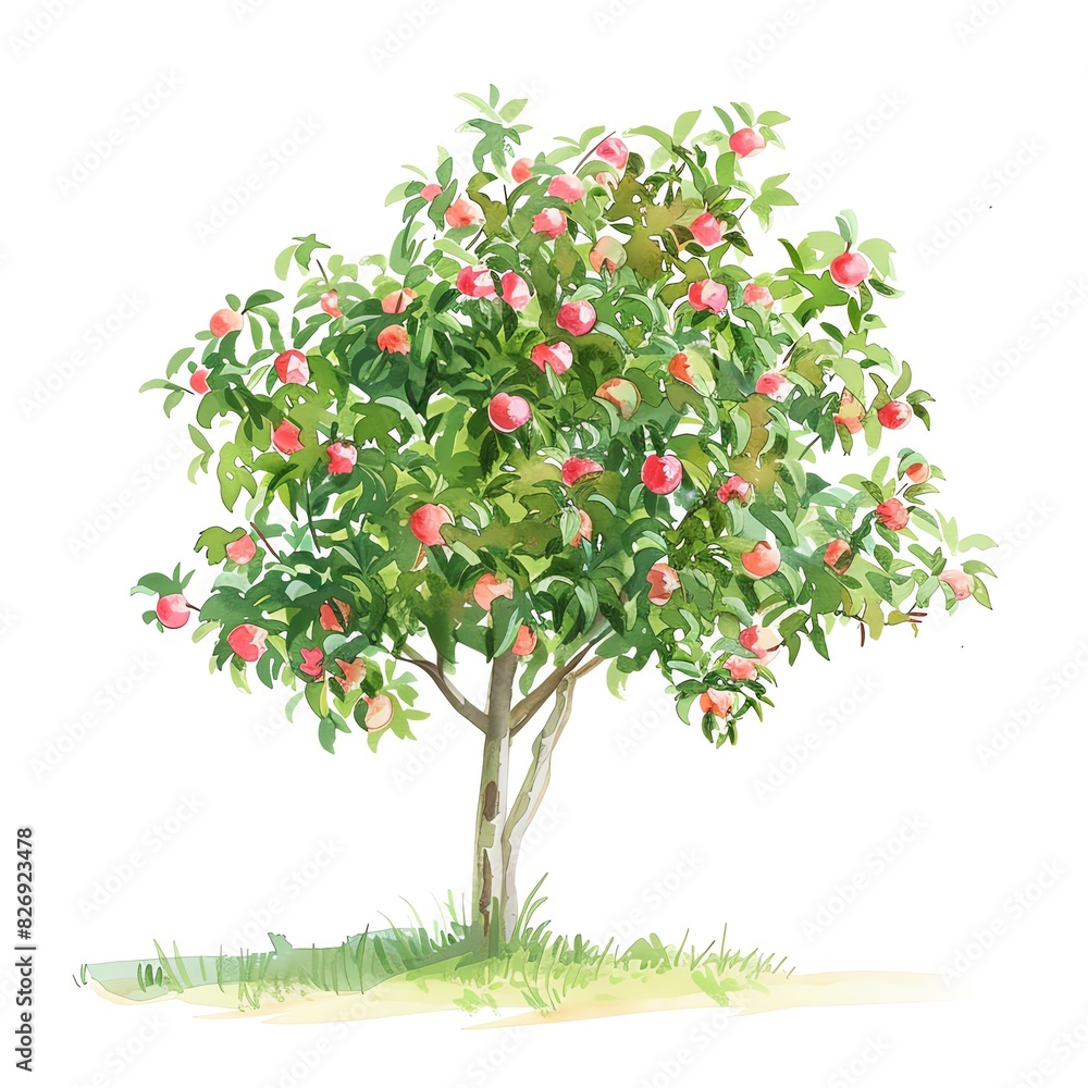 A watercolor painting of an apple tree in full bloom. The tree is covered in ripe, red apples. A watercolor painting of an apple tree in full bloom. The tree is covered in ripe, red apples.