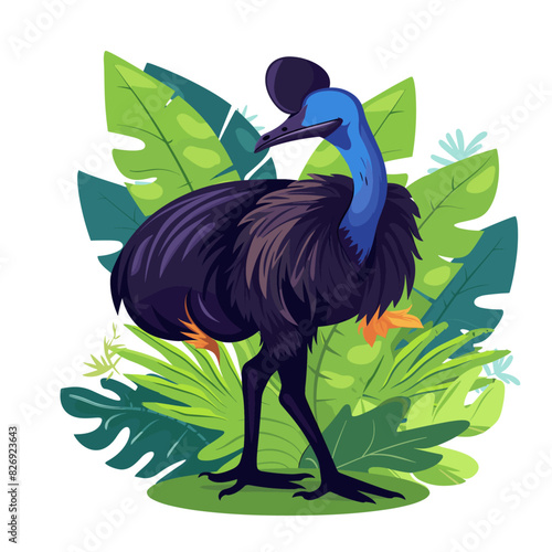 A cassowary, a large flightless bird, standing in a lush green forest