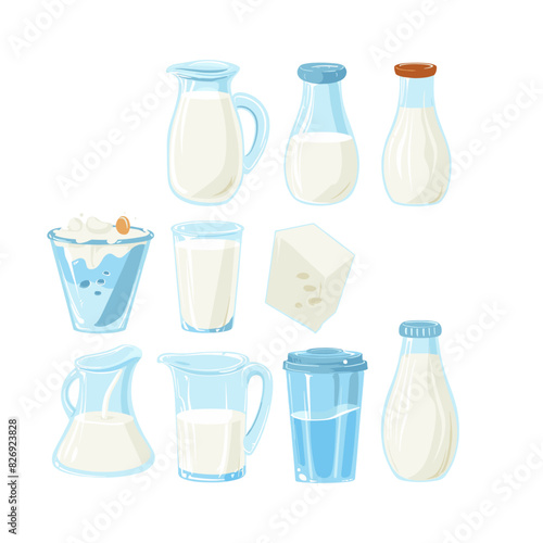 A variety of dairy products in different containers, including milk, cheese, and yogurt