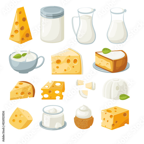 A collection of milk and cheese in different shapes and sizes
