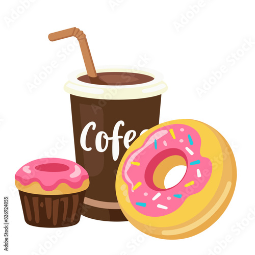 A cup of coffee with a black coffee label and two donuts on a saucer