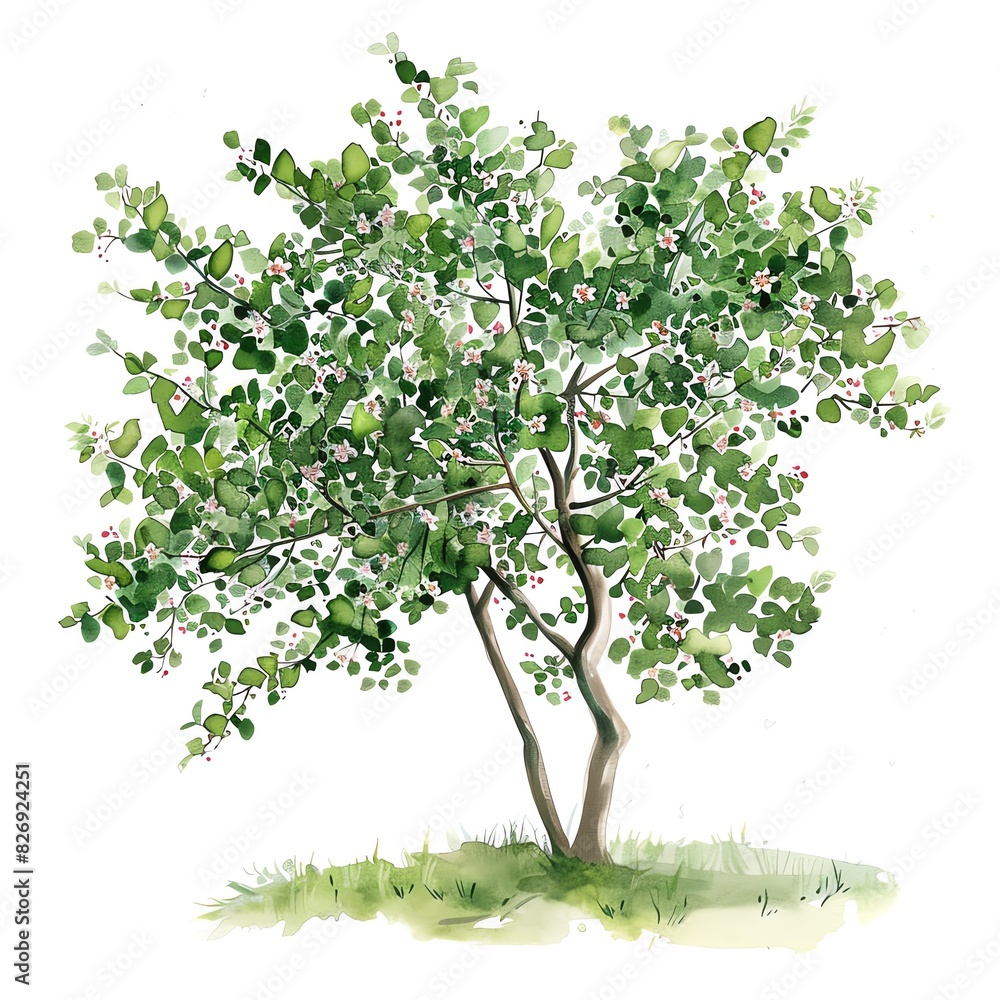 A watercolor painting of a single crabapple tree in full bloom against a white background A watercolor painting of a single crabapple tree in full bloom against a white background