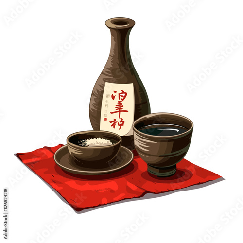Sake service with rice and cups arranged on a red fabric