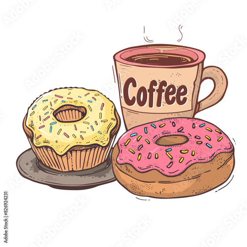 A close-up shot of a breakfast setting with coffee and donuts