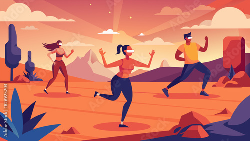 A virtual desert serves as the backdrop for a challenging VR dance workout as users follow their instructors lead in a series of fastpaced. Vector illustration