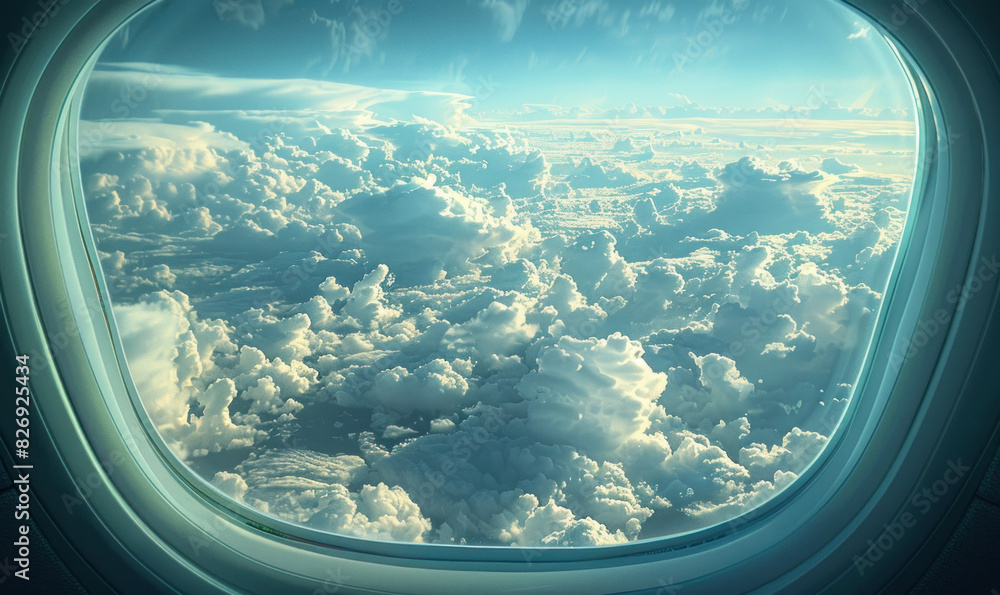 Compose a photo from inside an airplane showing a panoramic view of ...