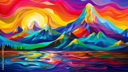 Colorful chibistyle cartoon of a mountain in vivid hues, created with stylized digital painting. photo