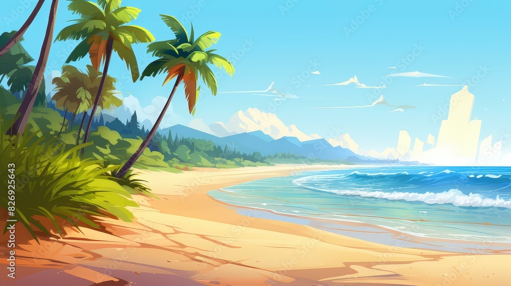 Fototapeta premium Vibrant chibistyle coastal art in digital painting, with vivid colors and stylized cartoony drawing.