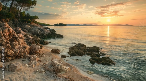 Calm Mediterranean beach at sunset