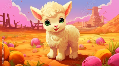 Colorful chibistyle farm illustration with vivid colors and stylized painting.