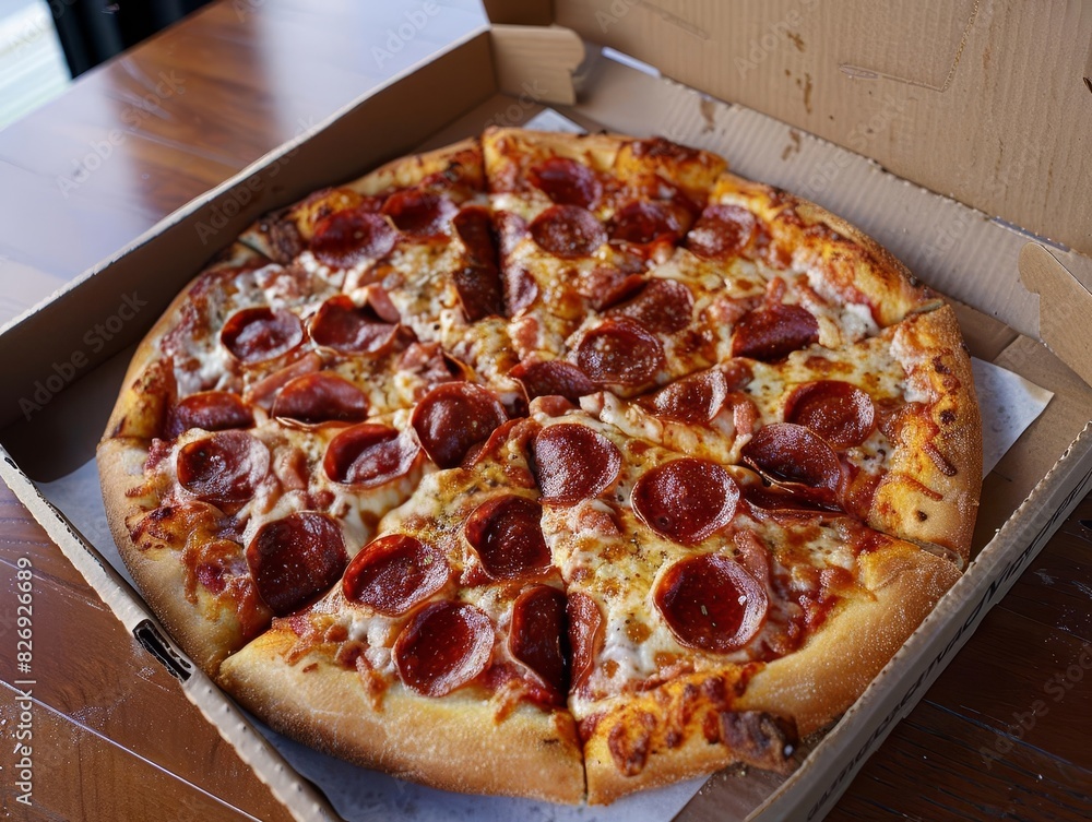 An open pizza box revealing a perfectly cooked pepperoni pizza, with closeup detail and appetizing presentation