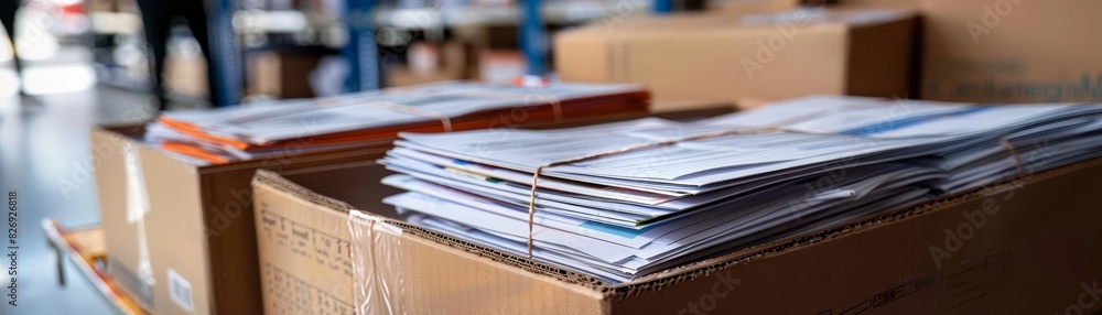 A closeup of various documents being unpacked from a delivery box, highlighting detail and organization with bright, clean composition A closeup of various documents being unpacked from a delivery box, highlighting detail and organization with bright, clean composition