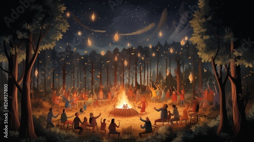 A close-up of a large, roaring bonfire surrounded by smiling faces, children holding hands, and adults chatting, with the night sky full of stars during a Lag B'Omer celebration in a forest clearing. photo