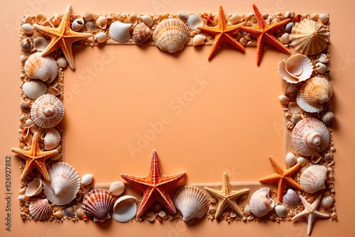 Summer vacation background frame border with seashells and seaside theme wallpaper pattern