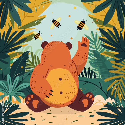 A stuffed animal in a meadow with bees buzzing nearby