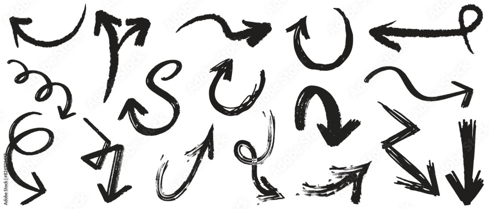 grunge arrow . Set of black hand drawn grunge doodle spiral and curved charcoal, chalk arrows on white background. Scribble symbols of direction pointers, swirl arrow elements for infographic design. grunge arrow . Set of black hand drawn grunge doodle spiral and curved charcoal, chalk arrows on white background. Scribble symbols of direction pointers, swirl arrow elements for infographic design.