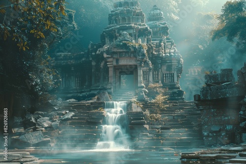 Mystical ancient temple ruin surrounded by lush foliage  with a small waterfall cascading down worn stone steps into a tranquil pool.